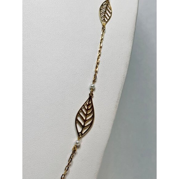 Faux Pearl, Gold Tone Open Work Rose And Leaf Cable Chain Necklace (5407) - Picture 4 of 5